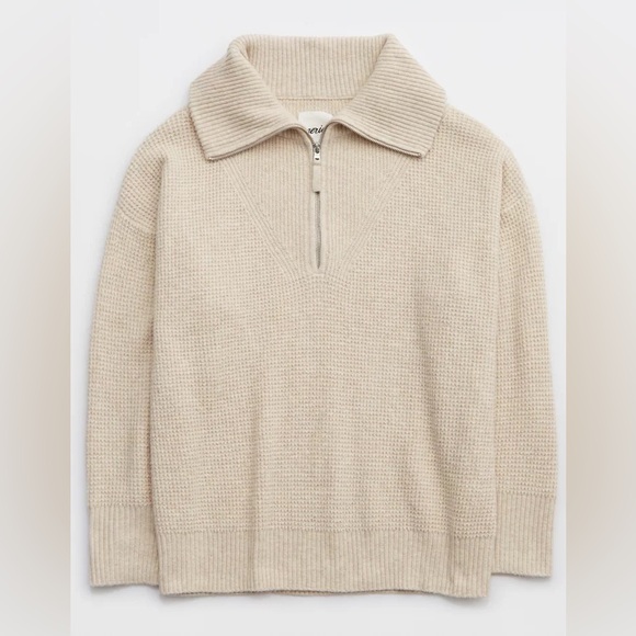 Aerie CozyUp Waffle Knit Quarter Zip Pullover Sweater - Cream - Large - Picture 3 of 6